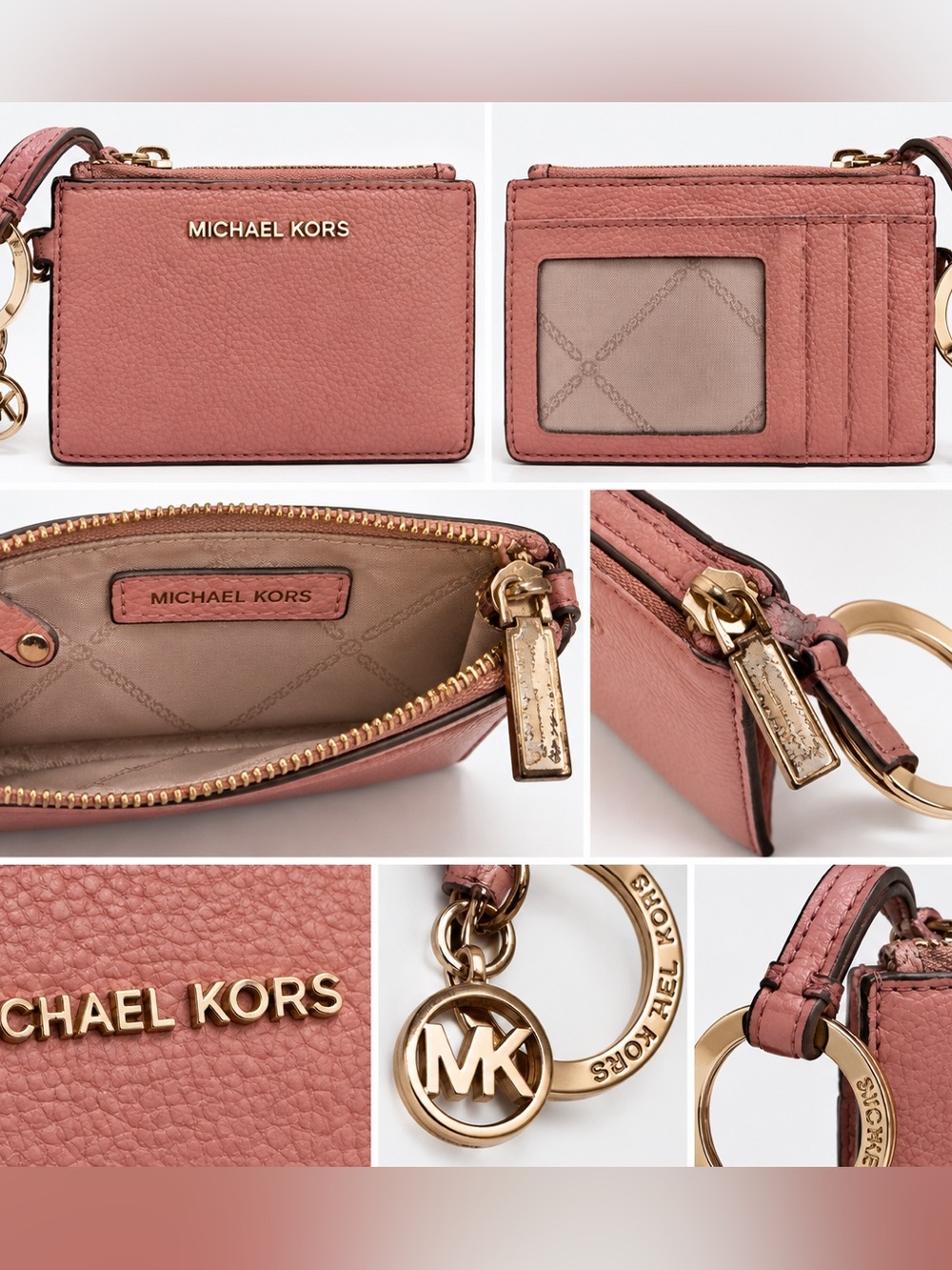 Michael Kors Pink Pebbled Leather Zip Card Holder ID Keychain Coin Purse